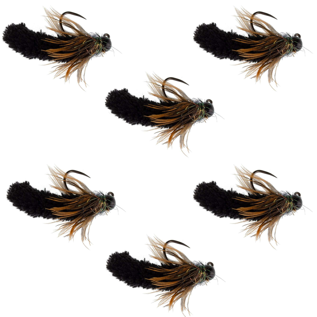 Set of six black tungsten bead mop jig flies for trout fishing, size 14, featuring barbless Czech Euro nymph style.