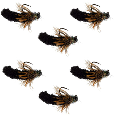 Set of six black tungsten bead mop jig flies for trout fishing, size 14, featuring barbless Czech Euro nymph style.
