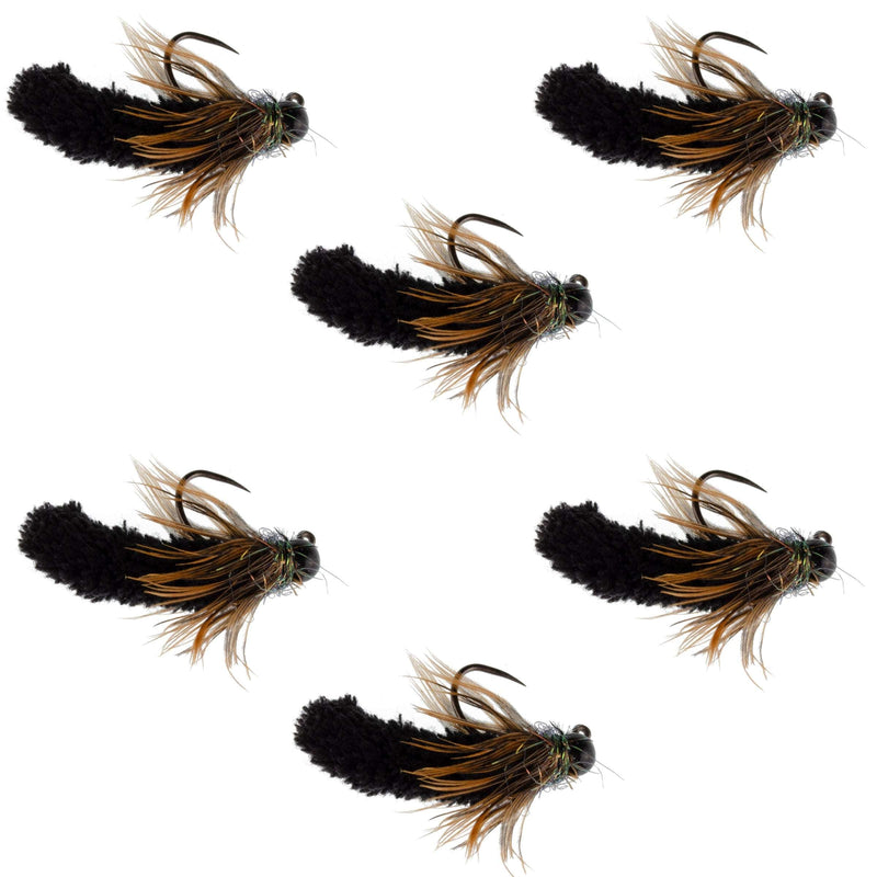 Set of six black tungsten bead mop jig flies for trout fishing, size 14, featuring barbless Czech Euro nymph style.