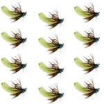 Set of 12 chartreuse tungsten bead mop flies for trout, tactical jig style, size 14, barbless Czech Euro nymph wet flies.