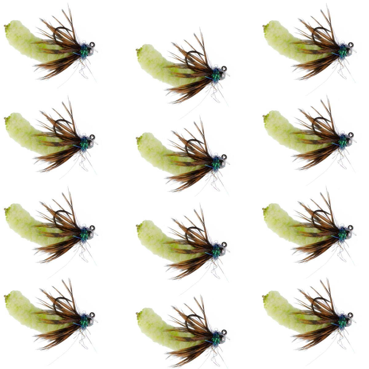 Set of 12 chartreuse tungsten bead mop flies for trout, tactical jig style, size 14, barbless Czech Euro nymph wet flies.