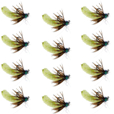 Set of 12 chartreuse tungsten bead mop flies for trout, tactical jig style, size 14, barbless Czech Euro nymph wet flies.