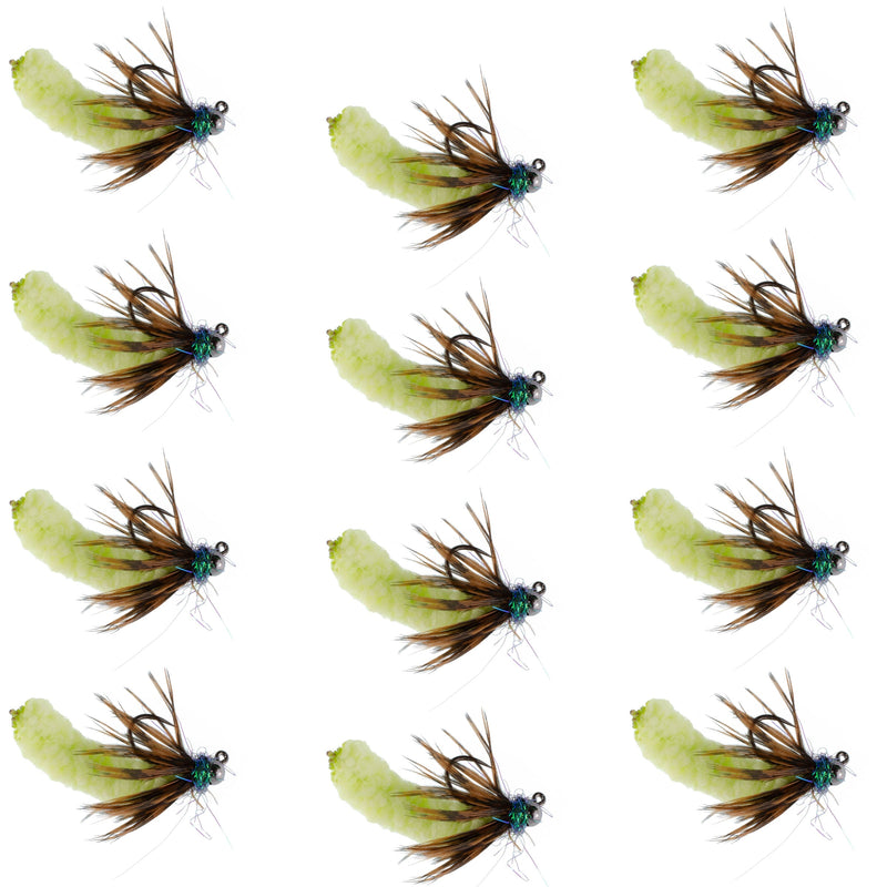 Set of 12 chartreuse tungsten bead mop flies for trout, tactical jig style, size 14, barbless Czech Euro nymph wet flies.