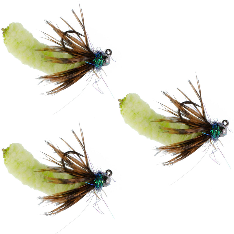 Set of three chartreuse tungsten bead jig flies for trout fishing, size 14, Czech Euro nymph wet flies by The Fly Fishing Place.