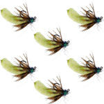 Set of six Chartreuse Tungsten Bead Mop Flies for trout fishing, size 14, tactical jig Czech Euro nymph barbless wet flies.