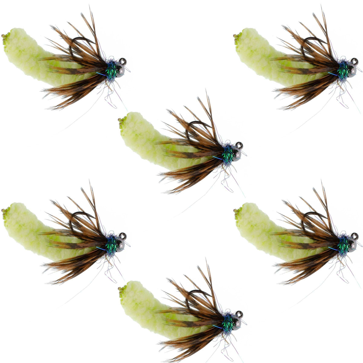 Set of six Chartreuse Tungsten Bead Mop Flies for trout fishing, size 14, tactical jig Czech Euro nymph barbless wet flies.