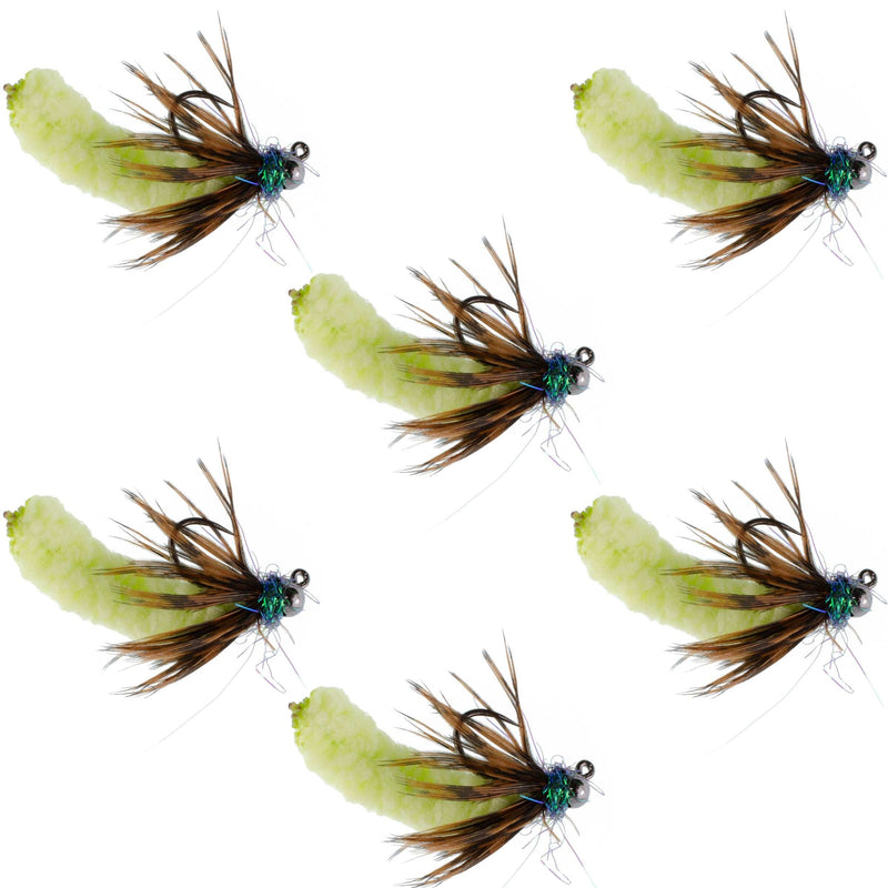 Set of six Chartreuse Tungsten Bead Mop Flies for trout fishing, size 14, tactical jig Czech Euro nymph barbless wet flies.