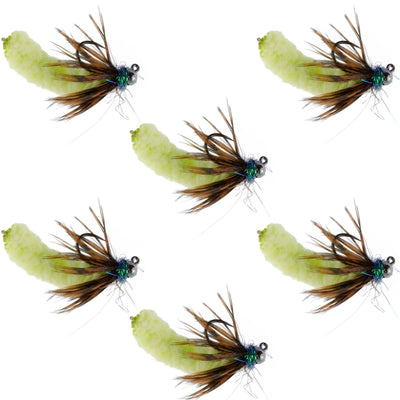 Set of six chartreuse Tungsten Mop Flies for trout fishing, Czech Euro Nymph, barbless, size 14, by The Fly Fishing Place.