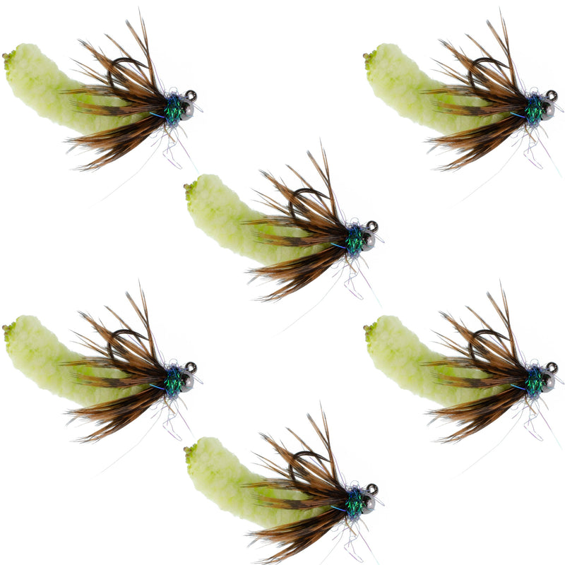 Set of six chartreuse Tungsten Mop Flies for trout fishing, Czech Euro Nymph, barbless, size 14, by The Fly Fishing Place.