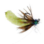 Chartreuse tungsten bead mop fly for trout, tactical jig Czech Euro nymph, size 14, barbless wet fly by The Fly Fishing Place.