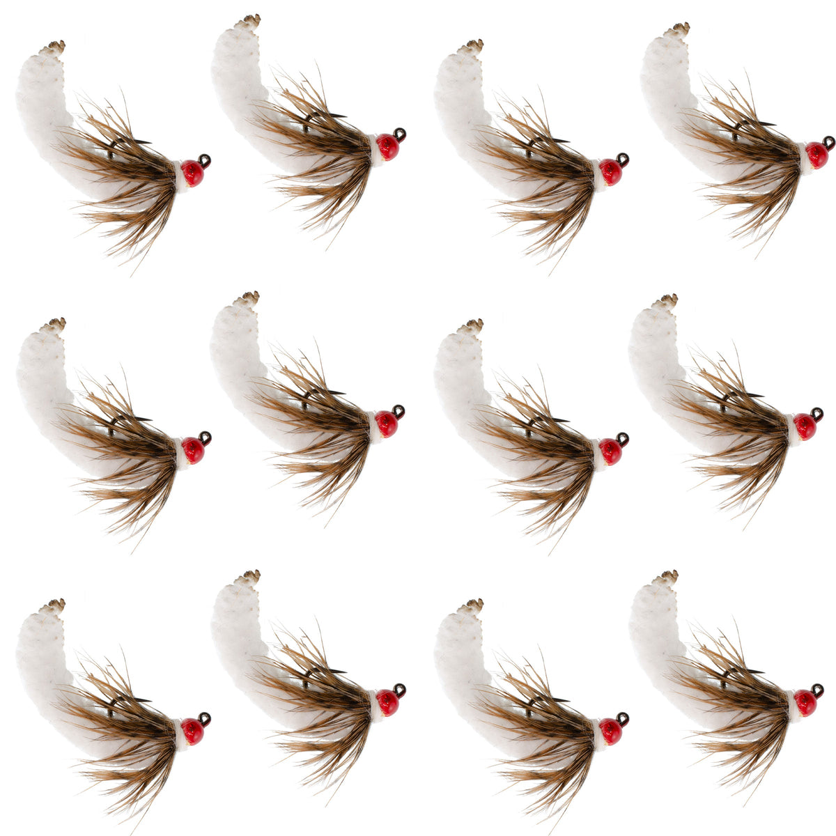 Set of 12 white tungsten bead mop fly fishing jigs, size 14, Czech euro nymph, barbless trout wet flies by The Fly Fishing Place.