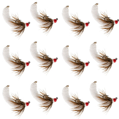 Set of 12 white tungsten bead mop fly fishing jigs, size 14, Czech euro nymph, barbless trout wet flies by The Fly Fishing Place.