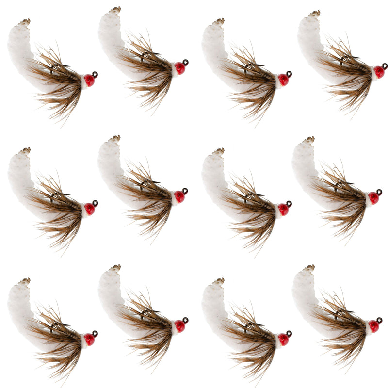 Set of 12 white tungsten bead mop fly fishing jigs, size 14, Czech euro nymph, barbless trout wet flies by The Fly Fishing Place.