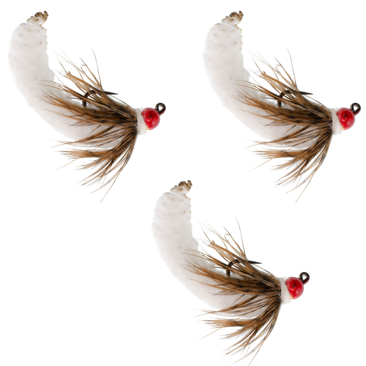 Three white tungsten bead mop fly fishing jigs for trout, size 14, barbless Czech Euro nymph tactical jig flies.