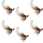 Set of six white tungsten bead mop trout wet flies with tactical jigs, size 14, designed for fly fishing and Euro nymphing.