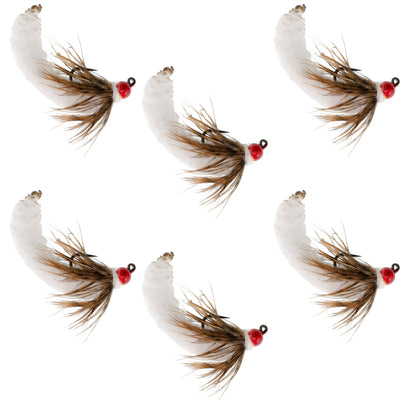 Set of six white tungsten bead mop trout wet flies with tactical jigs, size 14, designed for fly fishing and Euro nymphing.