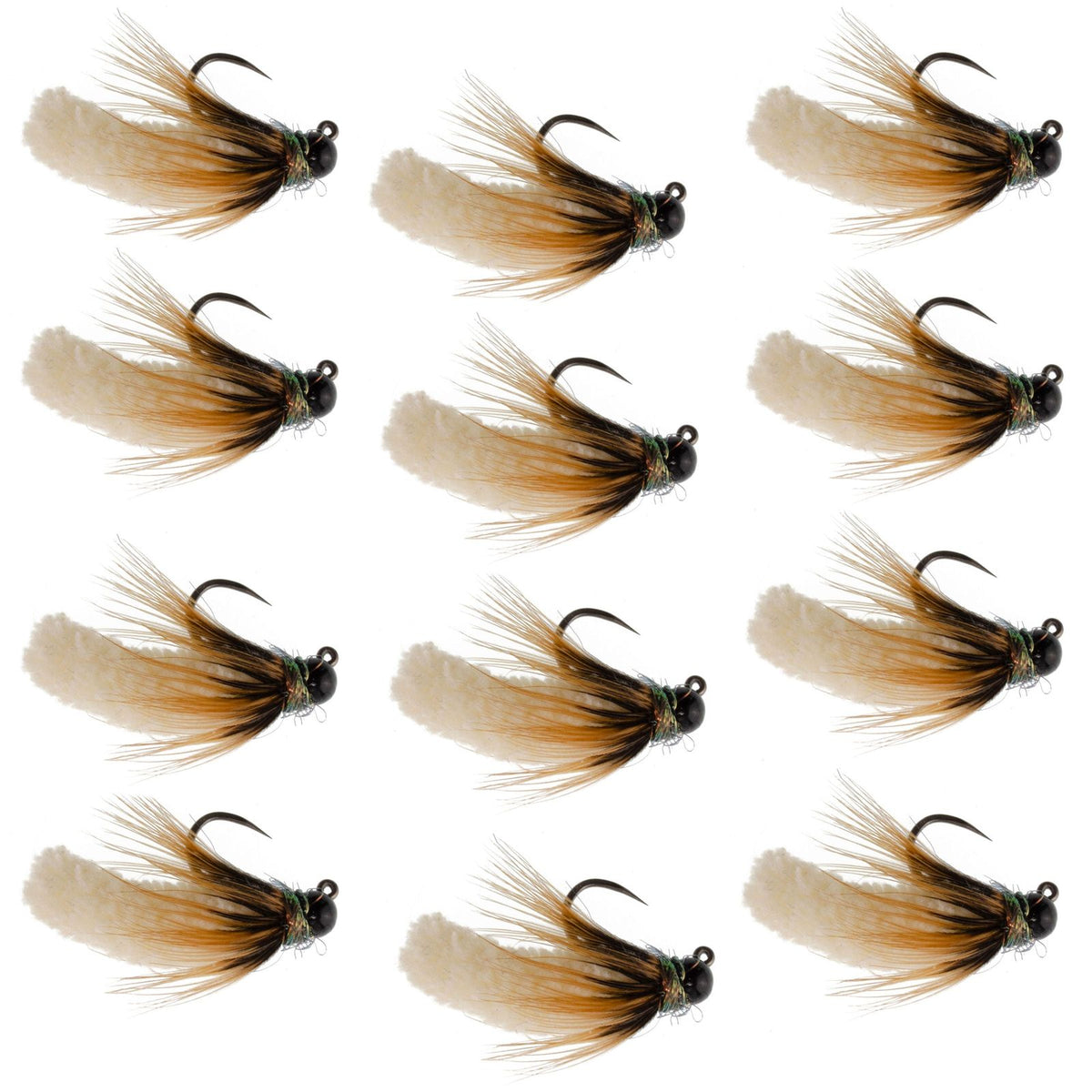 Multiple fishing lures with brown and black feathers on a white background