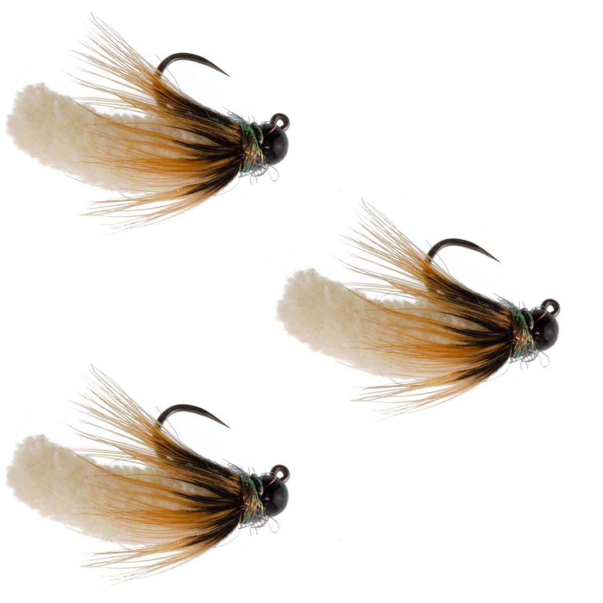 Set of three cream tungsten bead jig flies for trout fishing, size 14, barbless tactical mop wet flies by The Fly Fishing Place.