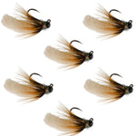 Six tungsten bead cream mop jig flies for trout fishing, size 14, from The Fly Fishing Place, arranged on a white background.