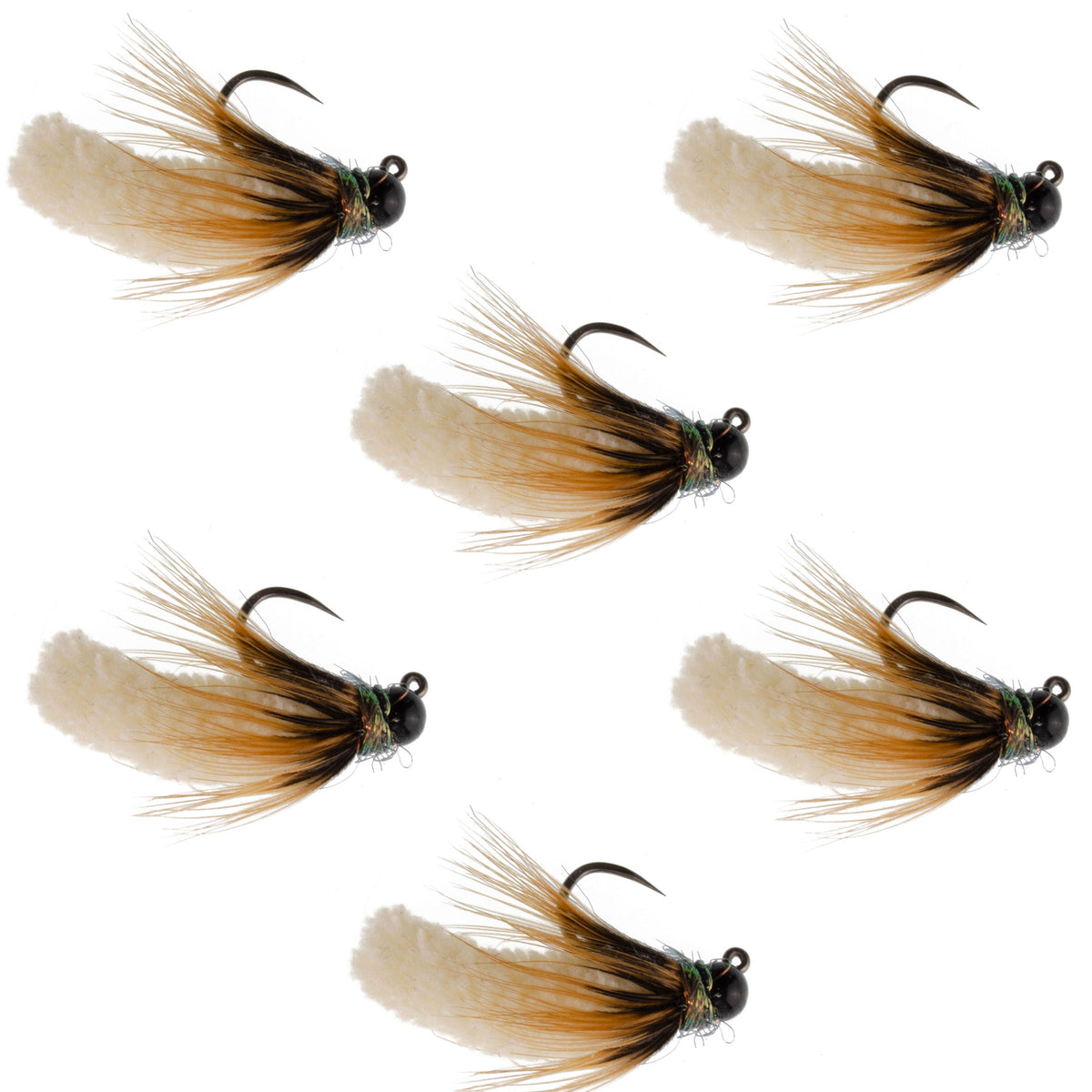 Six tungsten bead cream mop jig flies for trout fishing, size 14, from The Fly Fishing Place, arranged on a white background.