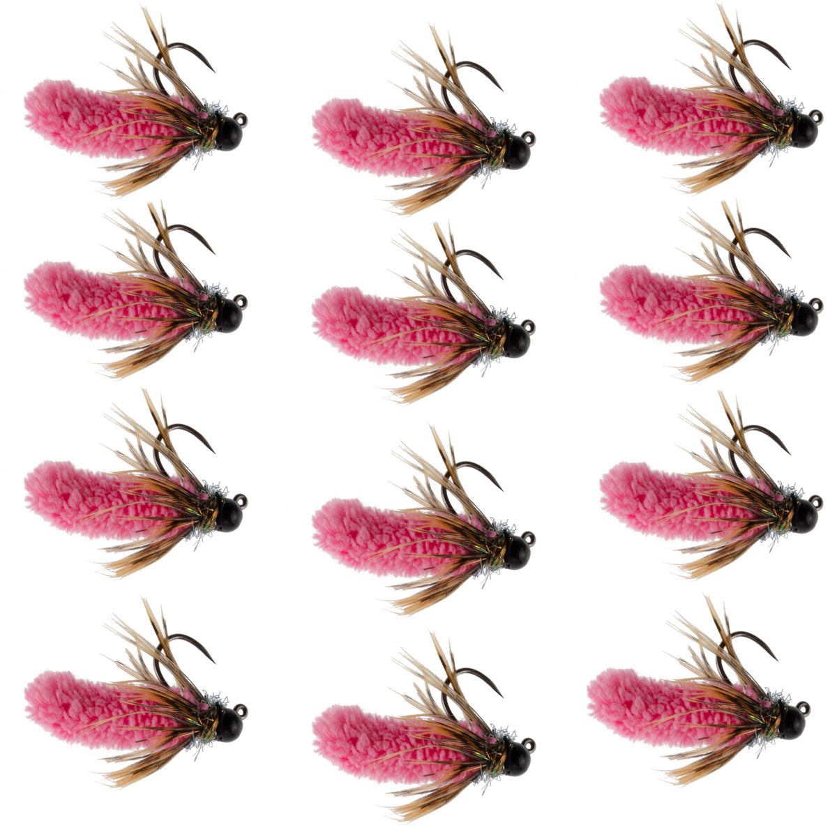 Set of 12 hot pink tungsten bead mop flies for trout fishing, tactical Euro nymph barbless wet flies by The Fly Fishing Place.