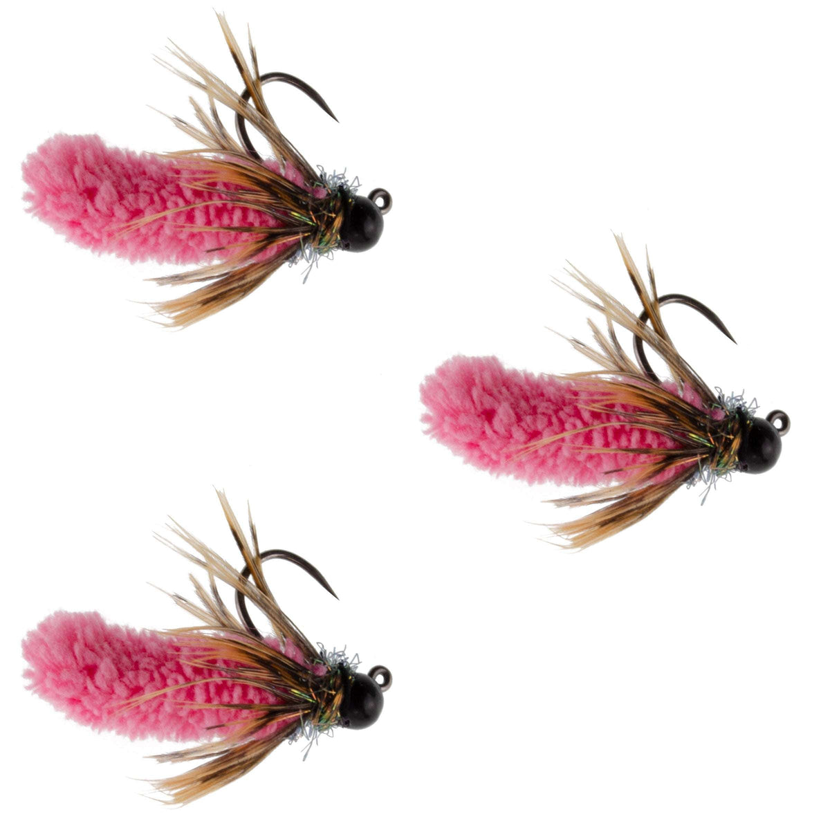 Set of three hot pink tungsten bead mop fly fishing jigs for trout, size 14, barbless Czech Euro nymph tactical wet flies.