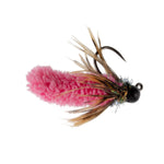 Three hot pink tungsten bead mop fly fishing jigs, size 14, Czech Euro nymph wet flies for trout fishing.
