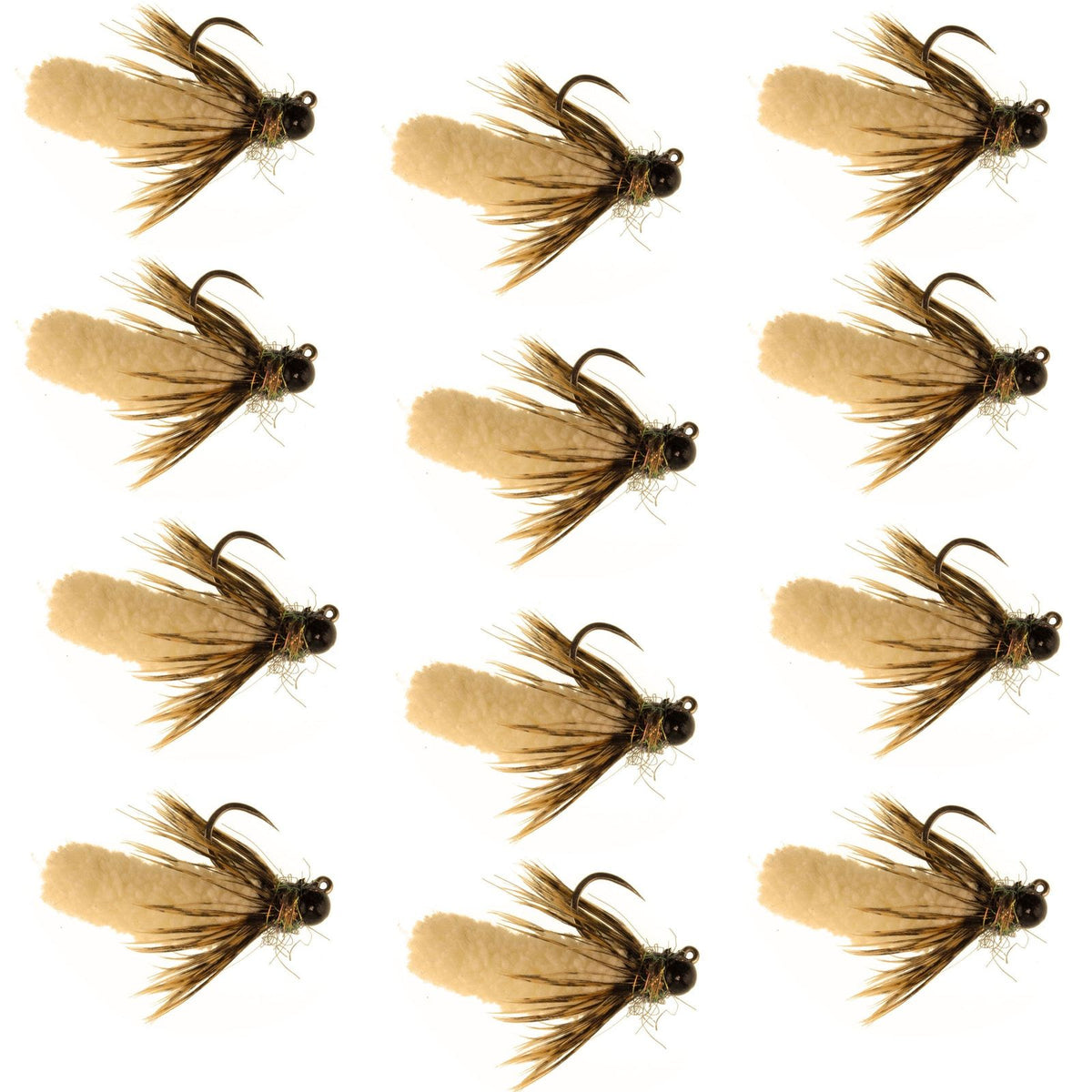 Set of 12 tan tungsten bead euro nymph wet flies with barbless hooks by The Fly Fishing Place for trout fishing, size 14.