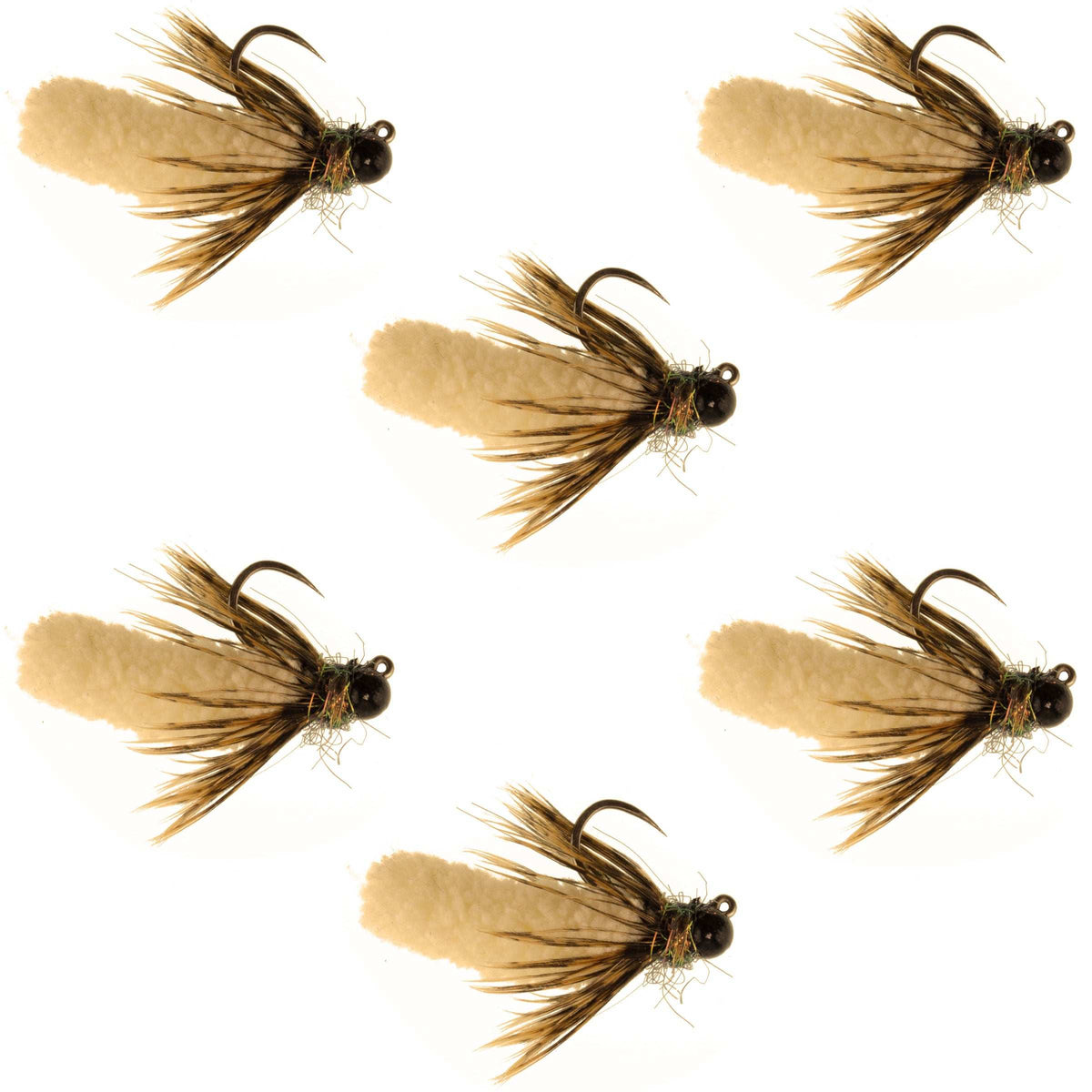 Set of six tan tungsten bead mop tactical jig flies for trout, size 14, barbless Czech Euro nymph wet flies for fly fishing.