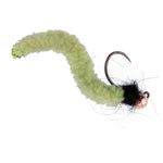 Chartreuse tungsten bead wormy mop fly, size 14, trout wet fly with tactical jig style, barbless Czech Euro nymph from The Fly Fishing Place