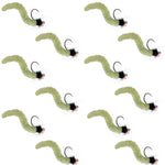 Set of 12 tungsten bead Chartreuse Wormy Mop trout wet flies with tactical jigs, size 14, barbless Czech Euro nymph fishing flies.
