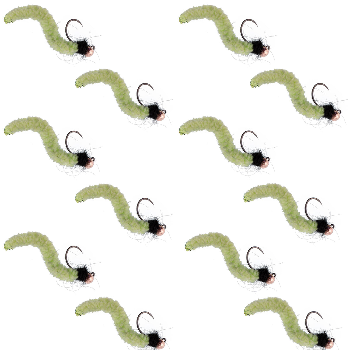 Set of 12 tungsten bead Chartreuse Wormy Mop trout wet flies with tactical jigs, size 14, barbless Czech Euro nymph fishing flies.