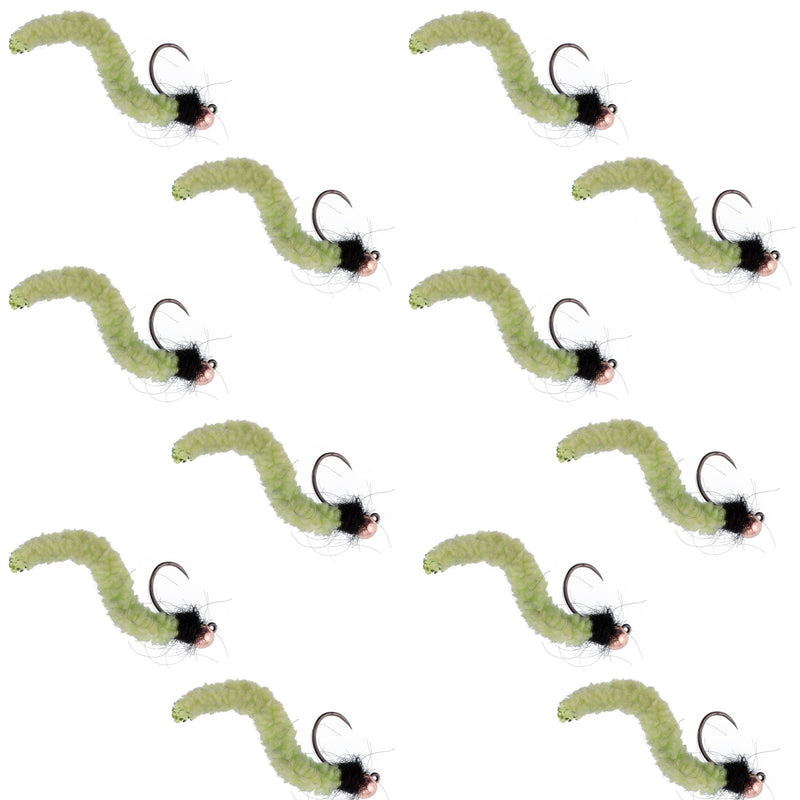 Set of 12 tungsten bead Chartreuse Wormy Mop trout wet flies with tactical jigs, size 14, barbless Czech Euro nymph fishing flies.