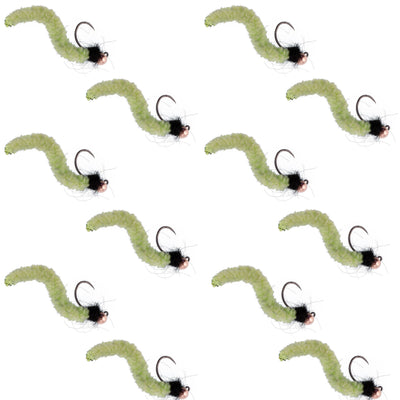 Set of 12 tungsten bead chartreuse wormy mop fly fishing jig flies for trout, size 12, barbless Czech Euro Nymph tactical wet flies.