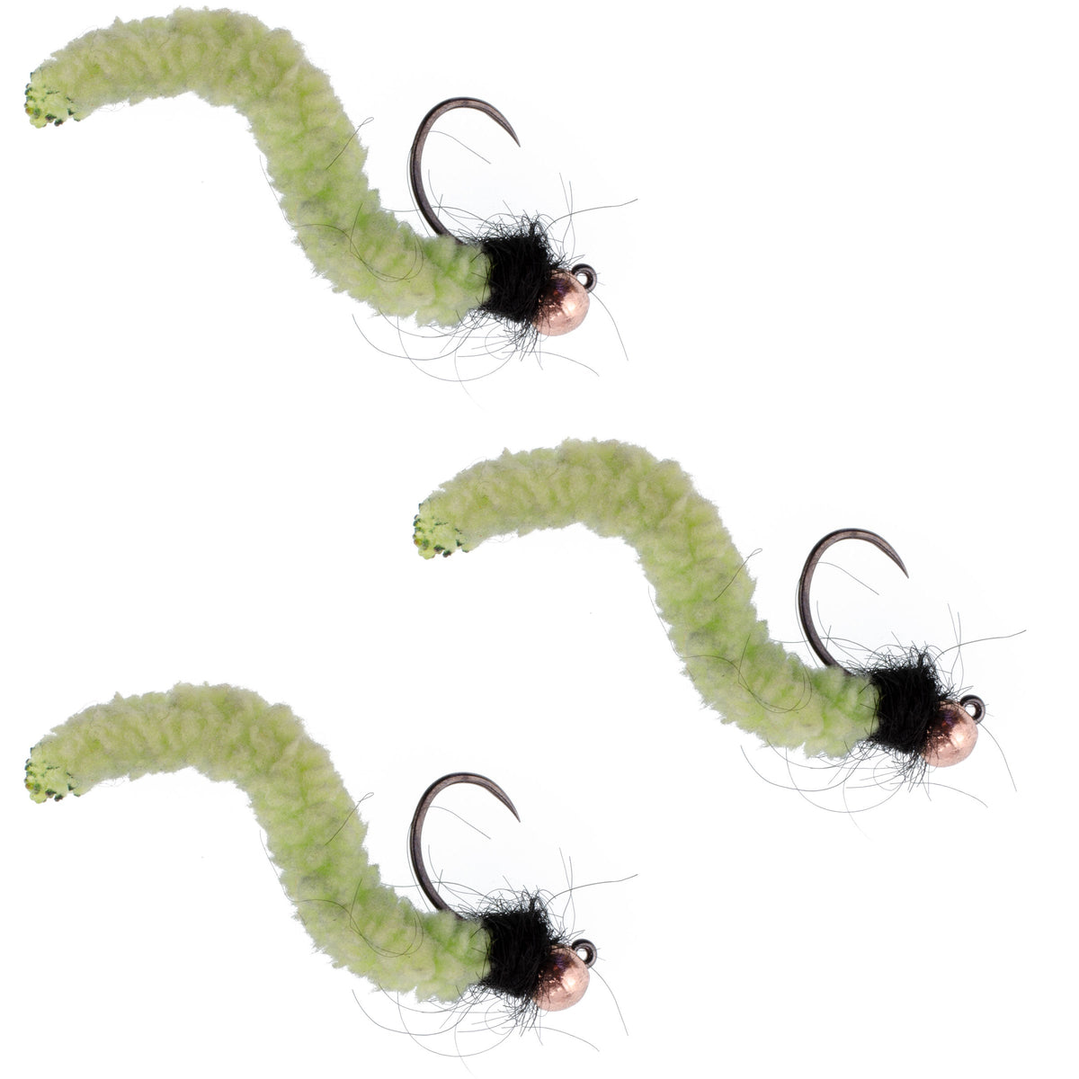 Set of three chartreuse tungsten bead wormy mop fly fishing jigs for trout, size 14, barbless Czech Euro nymph wet flies.