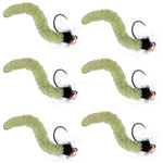 Set of six tungsten bead chartreuse wormy mop flies for trout fishing, featuring tactical jigs and Czech Euro nymph style, size 12.