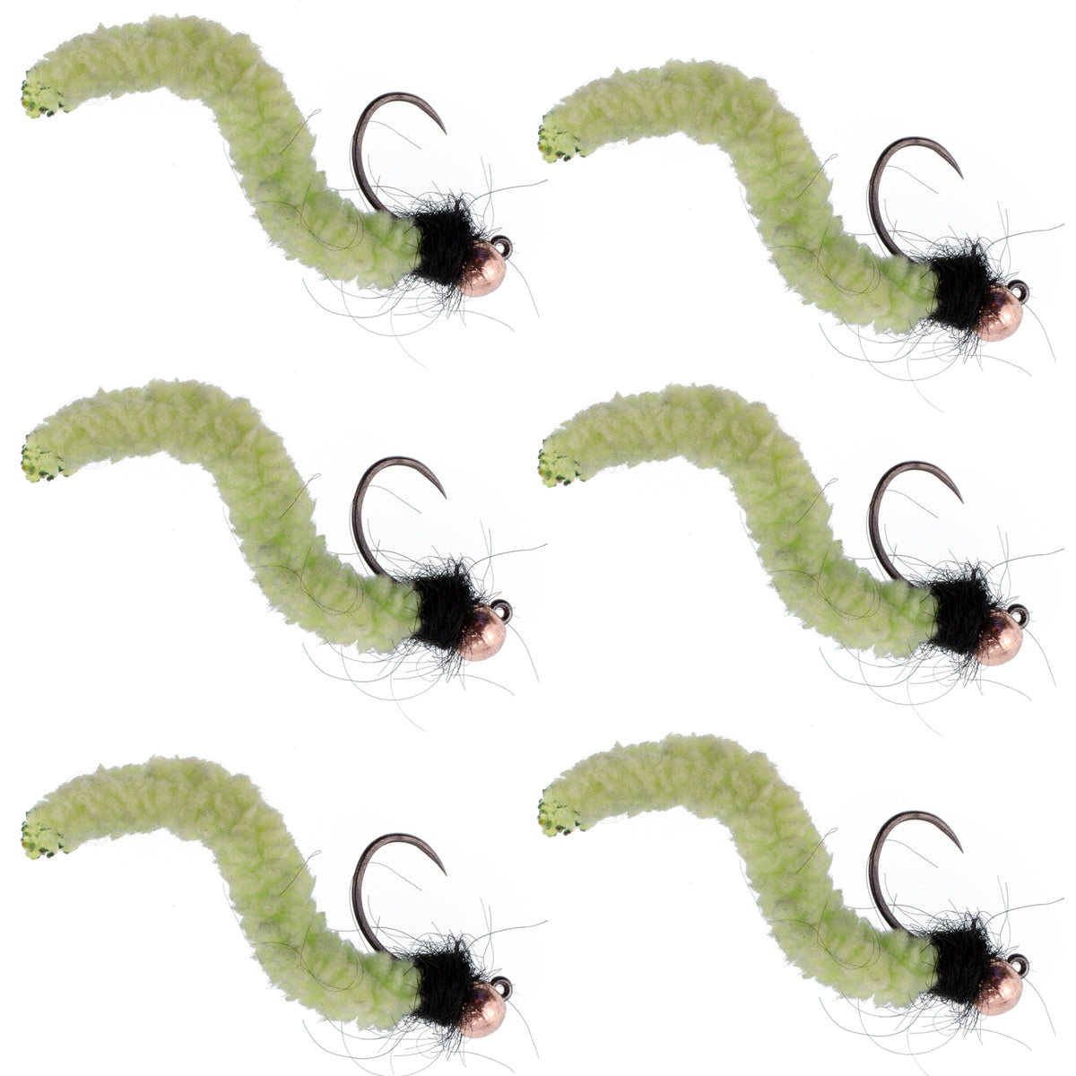 Set of six tungsten bead chartreuse wormy mop flies for trout fishing, featuring tactical jigs and Czech Euro nymph style, size 12.