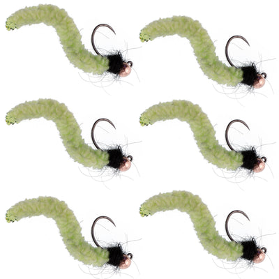 Set of six tungsten bead chartreuse wormy mop flies for trout fishing, featuring tactical jigs and Czech Euro nymph style, size 12.