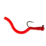 Red tungsten bead Squirminator trout nymph fly with barbless hook, size 16, designed for euro nymphing and fly fishing.