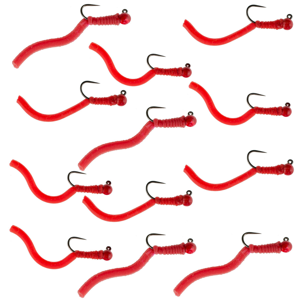 Set of 12 red tungsten bead Squirminator trout wet nymph flies by The Fly Fishing Place, size 14, barbless Czech Euro nymphing flies.