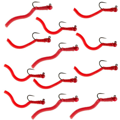 Set of 12 red tungsten bead Squirminator trout wet nymph flies by The Fly Fishing Place, size 14, barbless Czech Euro nymphing flies.