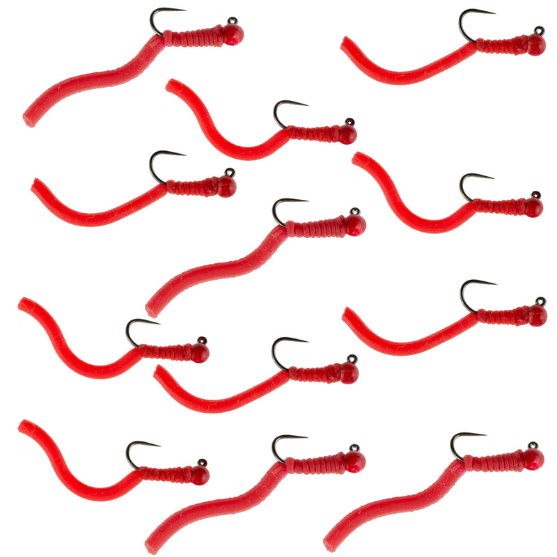 Set of 12 red tungsten bead Squirminator trout wet nymph flies by The Fly Fishing Place, size 14, barbless Czech Euro nymphing flies.