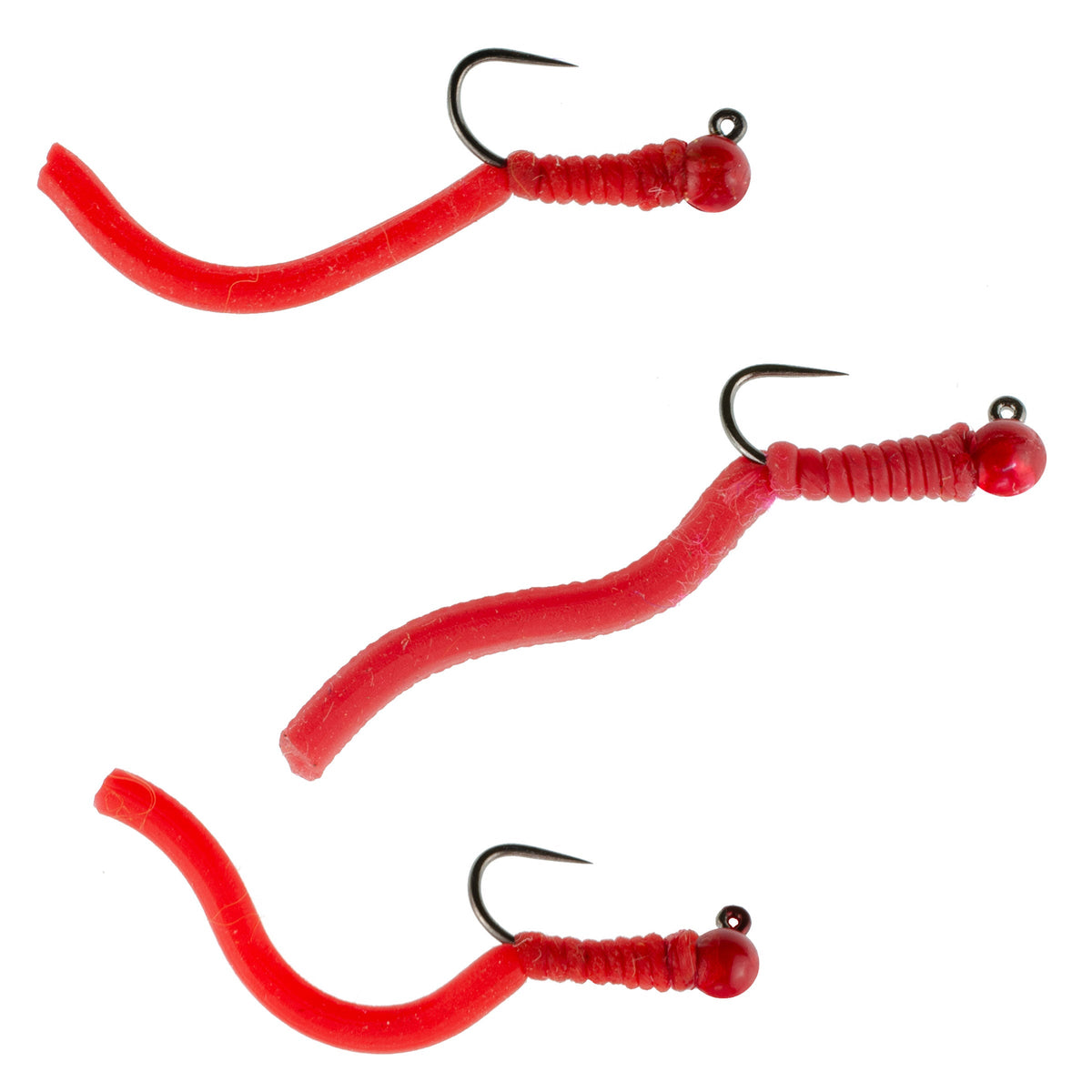 Set of three red tungsten bead Squirminator nymph wet flies for trout fishing, size 14, barbless Czech Euro nymphing fly.