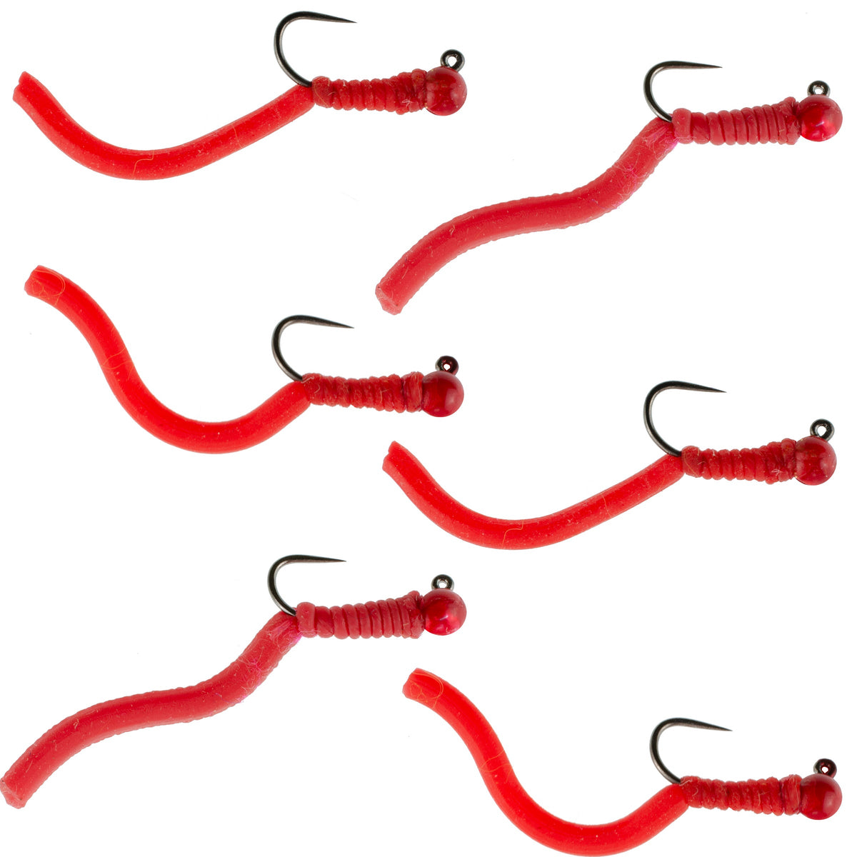 Set of 6 tungsten bead Squirminator trout wet flies by The Fly Fishing Place with red beads, size 16 nymph fishing flies.
