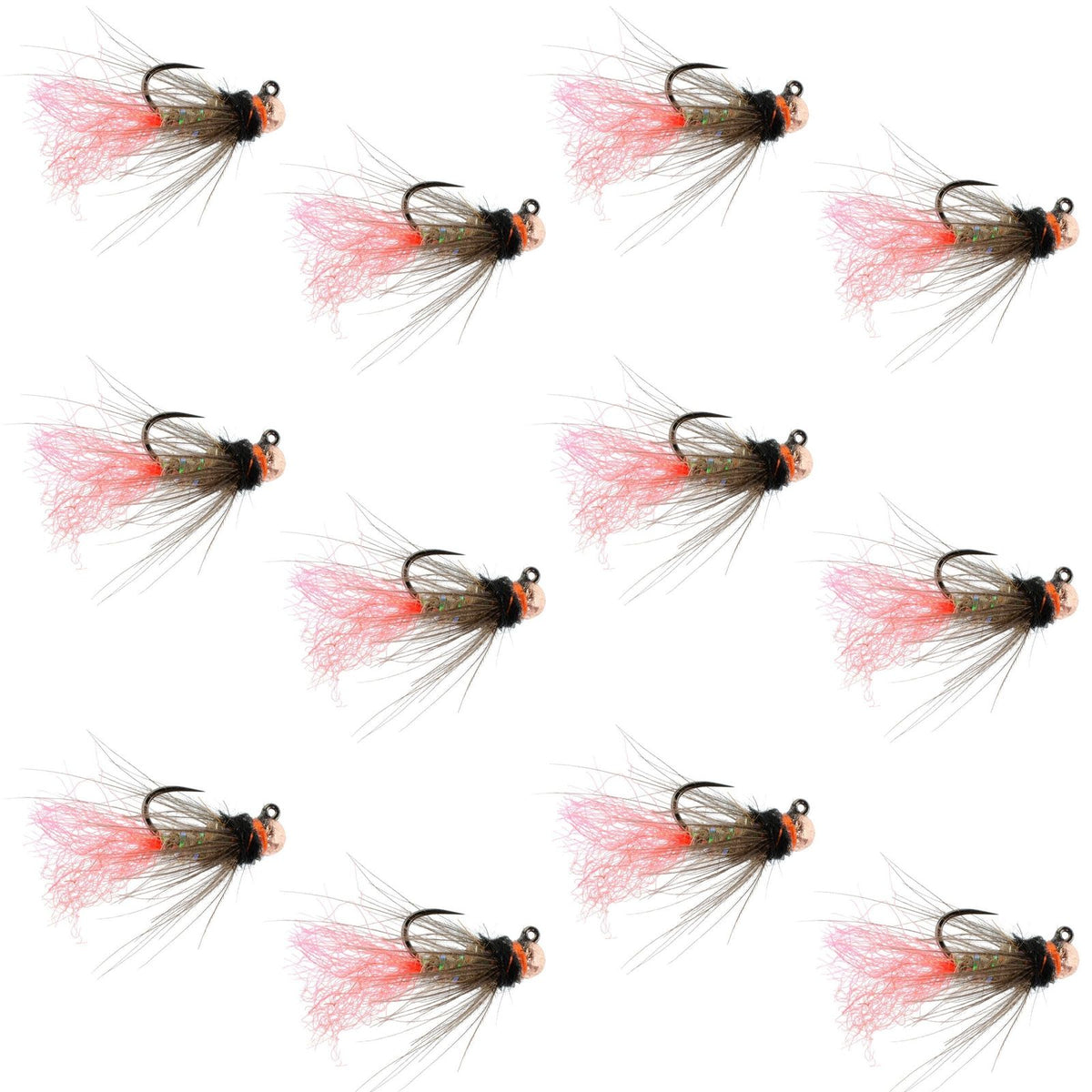 Set of 12 Tasmanian Devil Tungsten Bead Jig Czech Nymph Flies for trout fishing, size 16, by The Fly Fishing Place