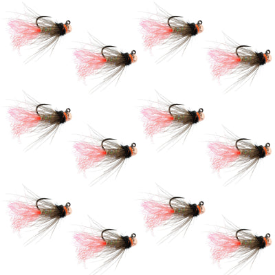 Set of 12 Tasmanian Devil Tungsten Bead Jig Czech Nymph Flies for trout fishing, size 16, by The Fly Fishing Place