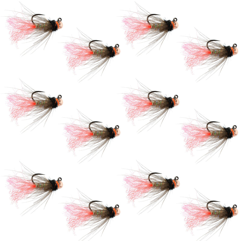 Set of 12 Tasmanian Devil Tungsten Bead Jig Czech Nymph Flies for trout fishing, size 16, by The Fly Fishing Place