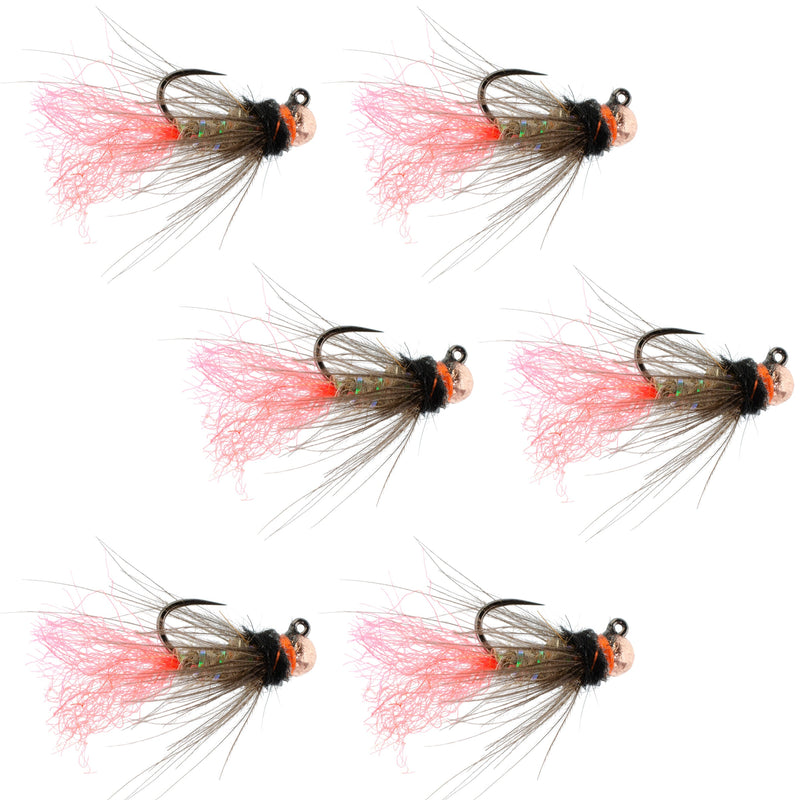 Set of six Tasmanian Devil tungsten bead jig trout wet flies in size 14 for tactical Czech nymphing and Euro nymphing fishing.