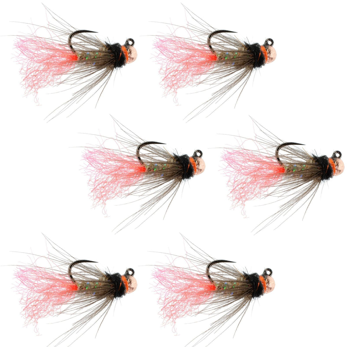 Set of six Tasmanian Devil tactical tungsten bead jig flies for trout wet fishing, size 16, by The Fly Fishing Place.