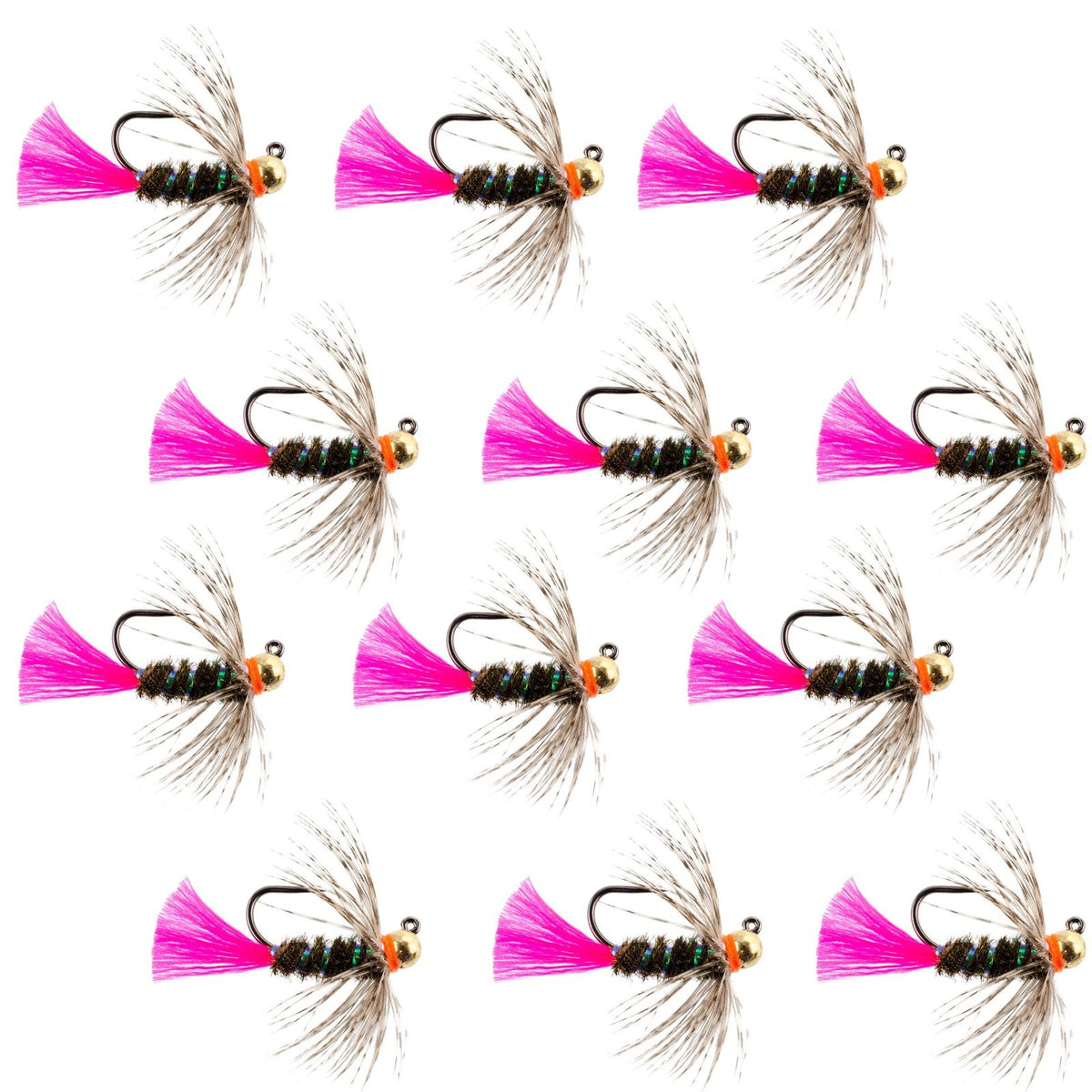 Set of 12 tungsten bead Czech nymphing wet flies in size 10, designed for trout fishing, featuring tactical blow torch style